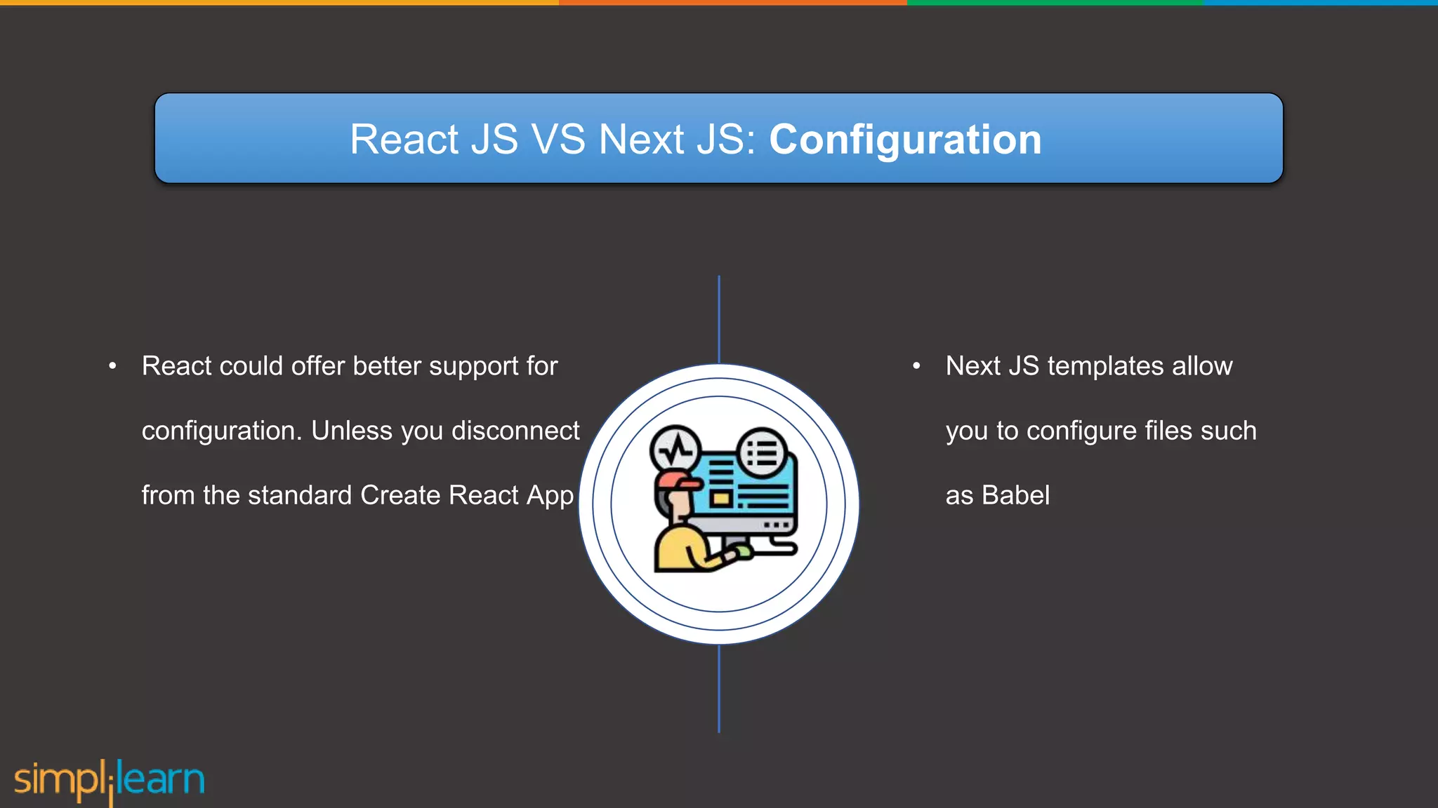 React JS VS Next JS: Configuration • React could offer better support for configuration. Unless you disconnect from the standard Create React App • Next JS templates allow you to configure files such as Babel 
