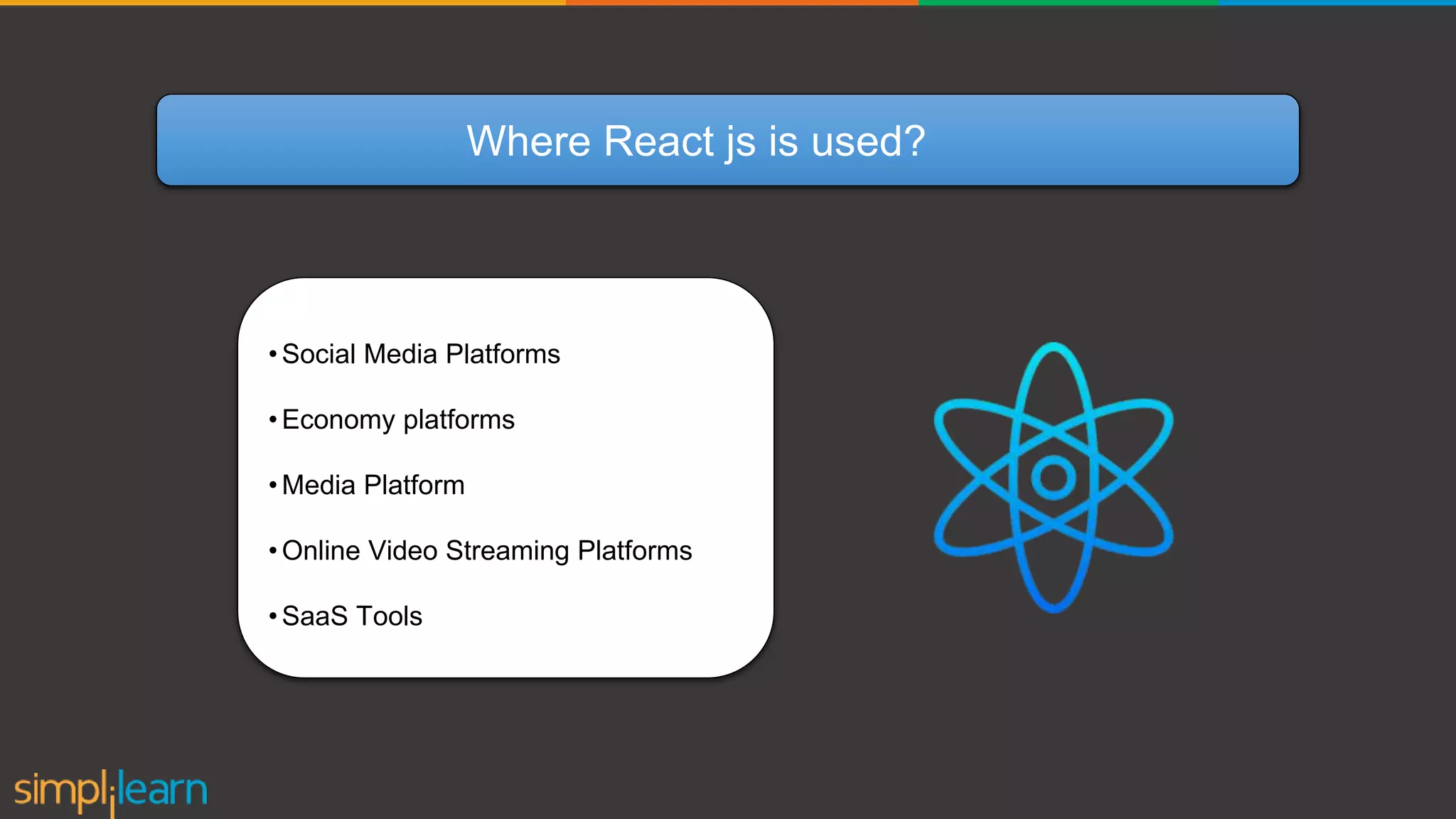 Where React js is used? •Social Media Platforms •Economy platforms •Media Platform •Online Video Streaming Platforms •SaaS Tools 
