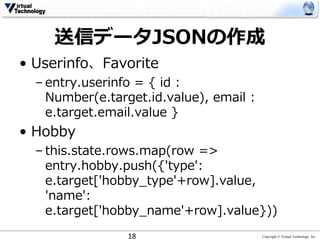 Copyright © Virtual Technology, Inc
送信データJSONの作成
• Userinfo、Favorite
– entry.userinfo = { id :
Number(e.target.id.value), email :
e.target.email.value }
• Hobby
– this.state.rows.map(row =>
entry.hobby.push({'type':
e.target['hobby_type'+row].value,
'name':
e.target['hobby_name'+row].value}))
18
 