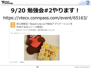 Copyright © Virtual Technology, Inc
9/20 勉強会#2やります！
https://vtecx.connpass.com/event/65163/
21
 