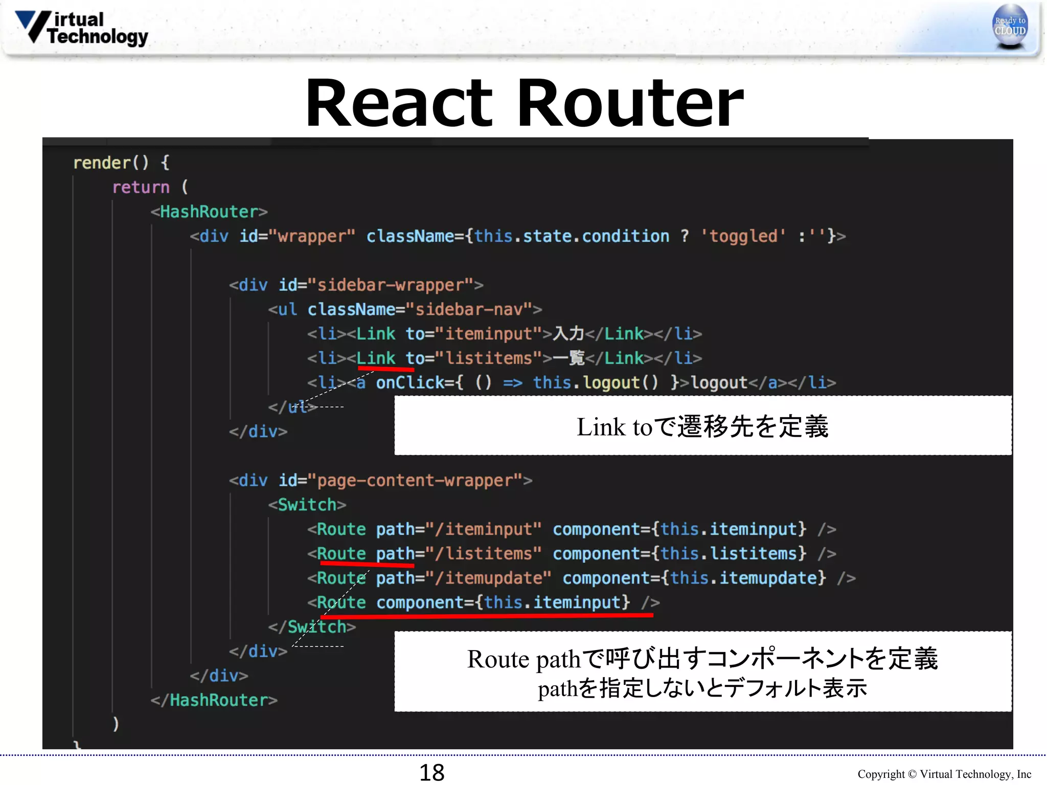 Copyright © Virtual Technology, Inc
React Router
18
Link toで遷移先を定義
Route pathで呼び出すコンポーネントを定義
pathを指定しないとデフォルト表示
 
