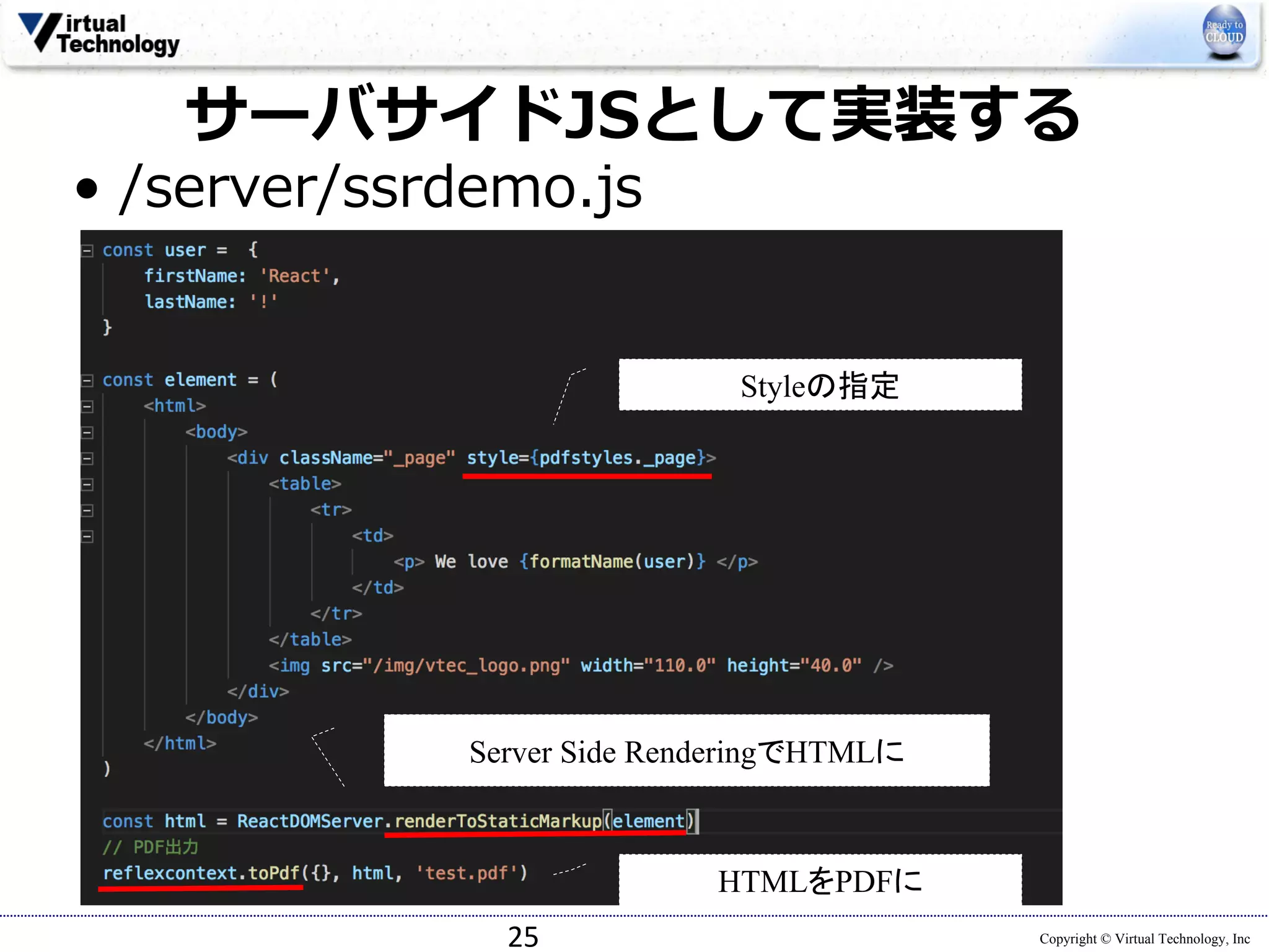 Copyright © Virtual Technology, Inc
サーバサイドJSとして実装する
• /server/ssrdemo.js
25
Server Side RenderingでHTMLに
HTMLをPDFに
Styleの指定
 