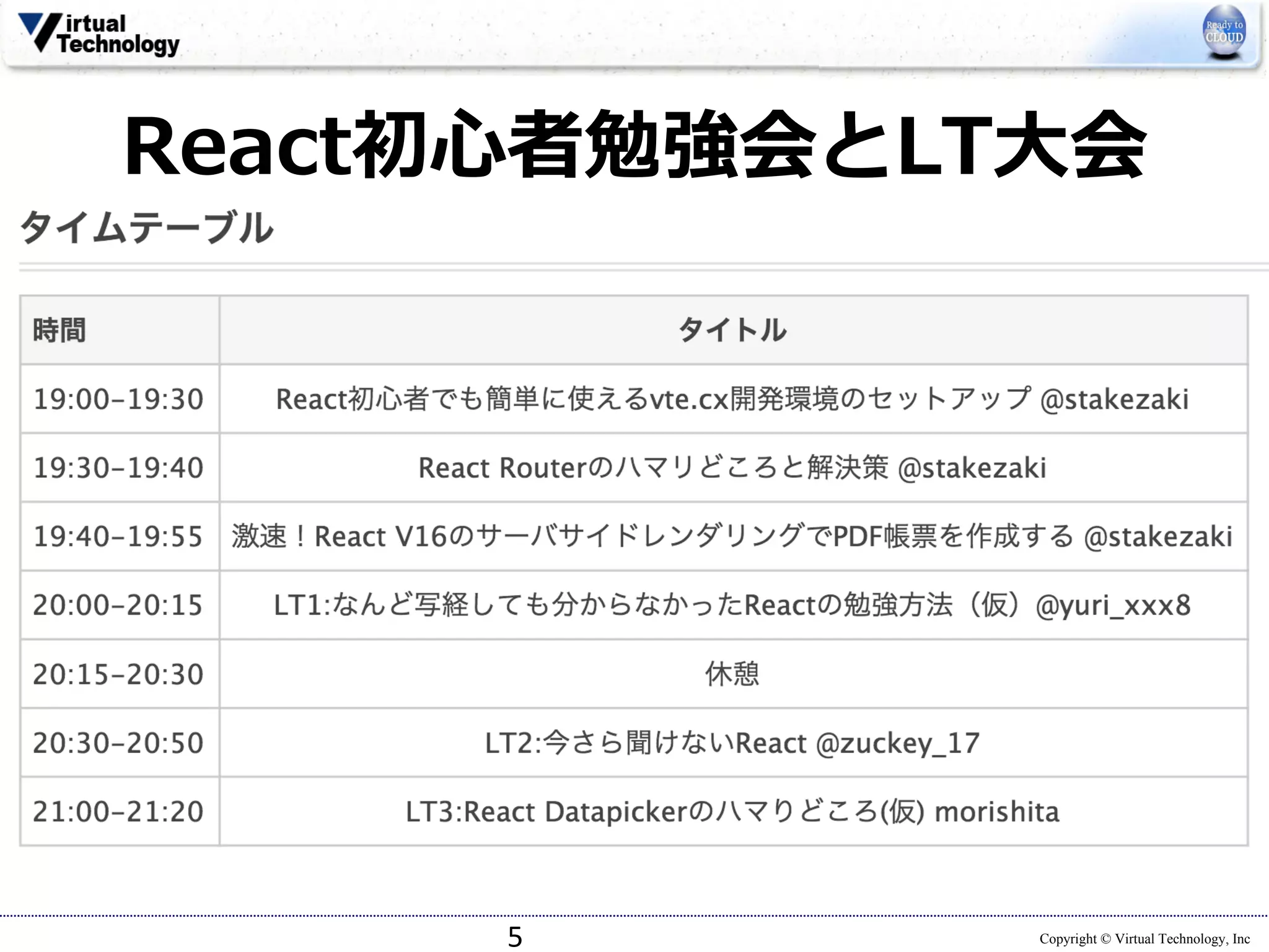 Copyright © Virtual Technology, Inc
React初⼼者勉強会とLT⼤会
5
 