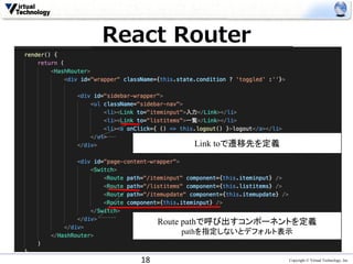Copyright © Virtual Technology, Inc
React Router
18
Link toで遷移先を定義
Route pathで呼び出すコンポーネントを定義
pathを指定しないとデフォルト表示
 