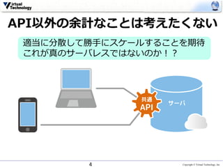 Copyright © Virtual Technology, Inc
API以外の余計なことは考えたくない
4
適当に分散して勝⼿にスケールすることを期待
これが真のサーバレスではないのか！？
 
