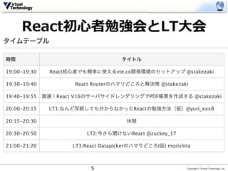 Copyright © Virtual Technology, Inc
React初⼼者勉強会とLT⼤会
5
 