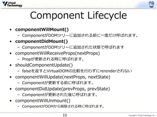 Copyright © Virtual Technology, Inc
Component Lifecycle
• componentWillMount()
– ComponentがDOMツリーに追加される前に⼀度だけ呼ばれます。
• componentDidMount()
– ComponentがDOMツリーに追加された状態で呼ばれます
• componentWillReceiveProps(nextProps)
– Propが更新される時に呼ばれます。
• shouldComponentUpdate()
– falseを返すとVirtualDOMの⽐較を⾏わずにrerenderされない
• componentWillUpdate(nextProps, nextState)
– Componentが更新する前に呼ばれます。
• componentDidUpdate(prevProps, prevState)
– Componentが更新された後に呼ばれます。
• componentWillUnmount()
– ComponentがDOMから削除される時に呼ばれます。
13
 