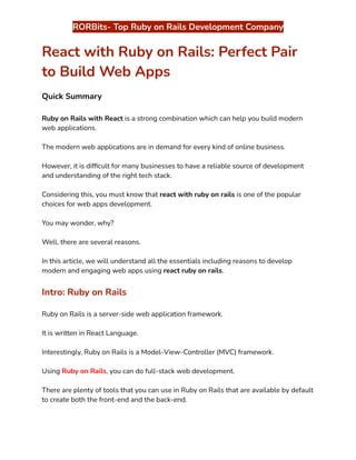 React with Ruby on Rails: Perfect Pair to Build Web Apps | PDF