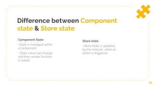 Difference between Component
state & Store state
Component State
=State is managed within
a component
- State value can change,
and then render function
is called.
Store state
=Store State is updated,
by the reducer, when an
action is triggered.
59
 