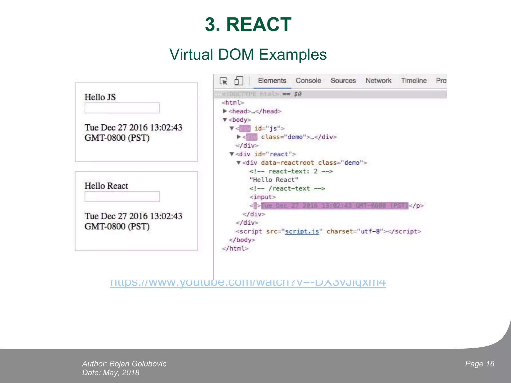 3. REACT
Virtual DOM Examples
https://jscomplete.github.io/react-virtual-dom-demo/demo/
https://www.youtube.com/watch?v=-DX3vJiqxm4
Date: May, 2018
Page 16Author: Bojan Golubovic
 