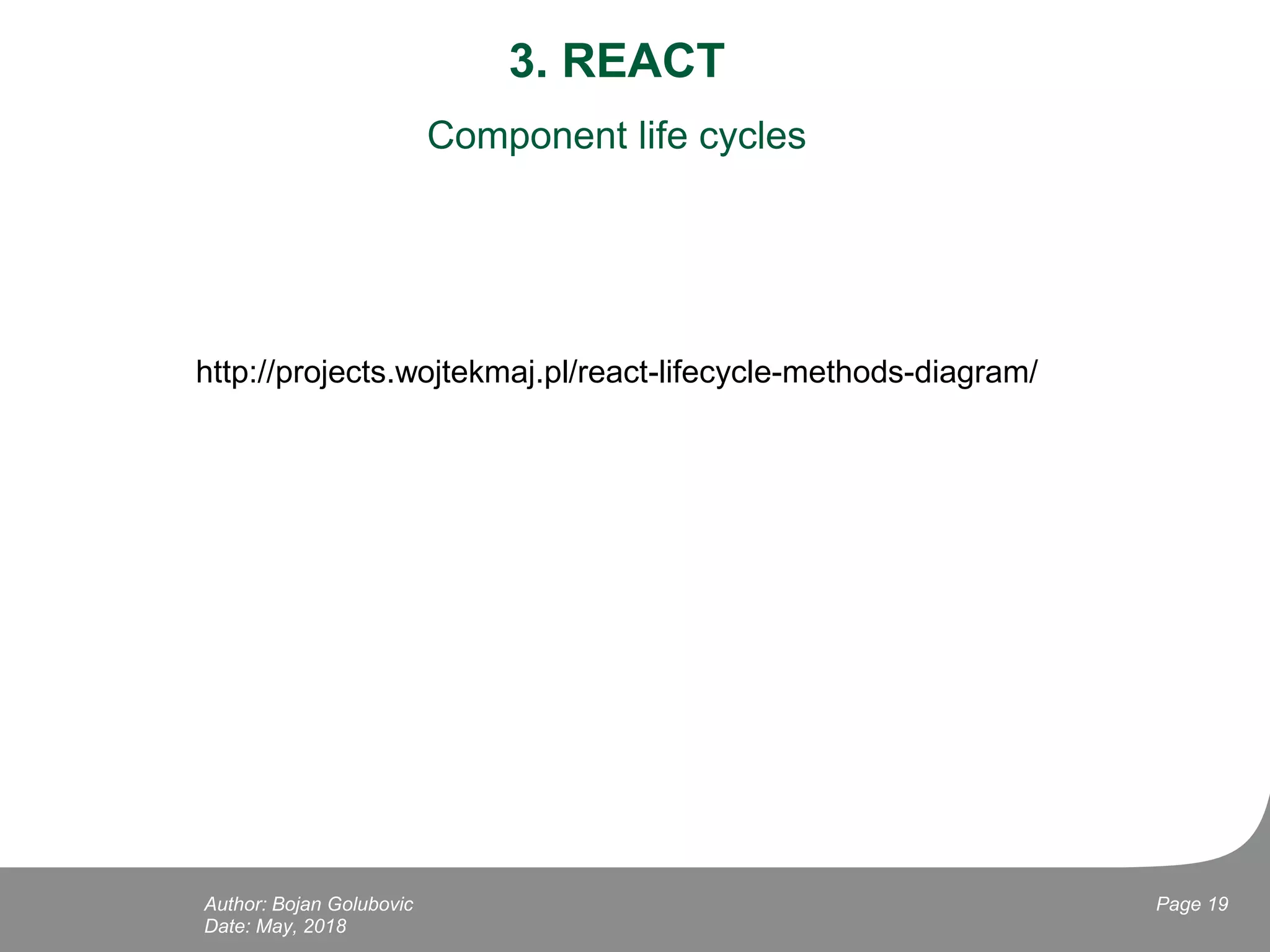 3. REACT
Component life cycles
http://projects.wojtekmaj.pl/react-lifecycle-methods-diagram/
Date: May, 2018
Page 19Author: Bojan Golubovic
 