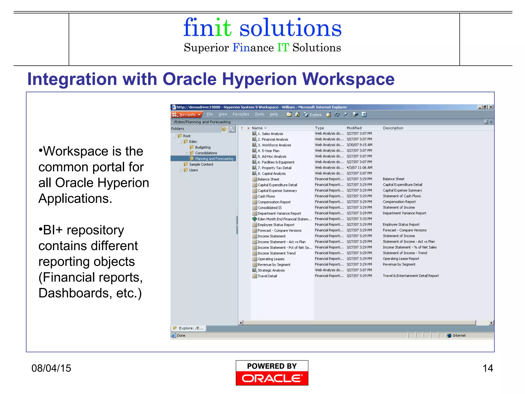 08/04/15 14
Integration with Oracle Hyperion Workspace
•Workspace is the
common portal for
all Oracle Hyperion
Applications.
•BI+ repository
contains different
reporting objects
(Financial reports,
Dashboards, etc.)
 