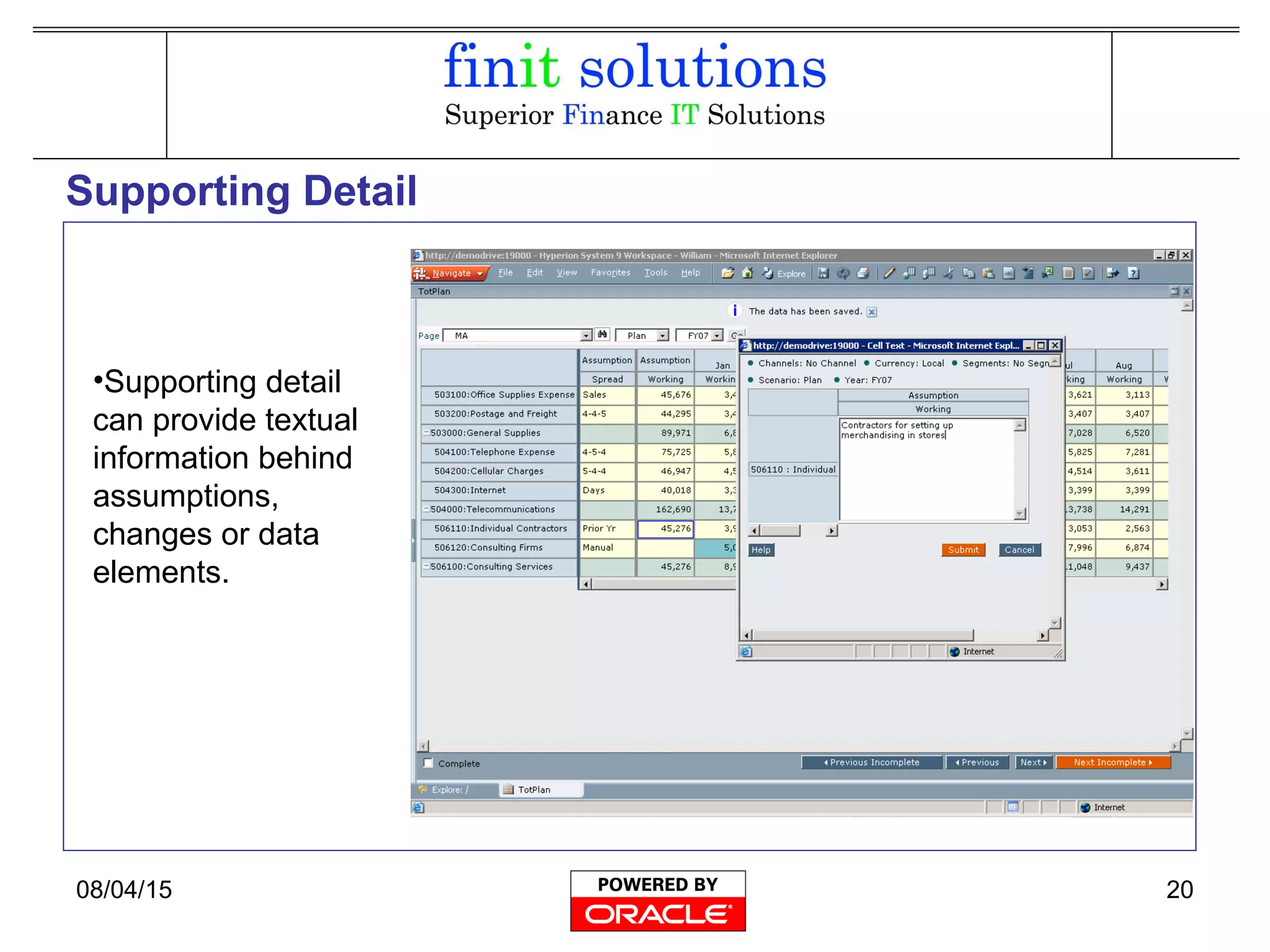 08/04/15 20
Supporting Detail
•Supporting detail
can provide textual
information behind
assumptions,
changes or data
elements.
 