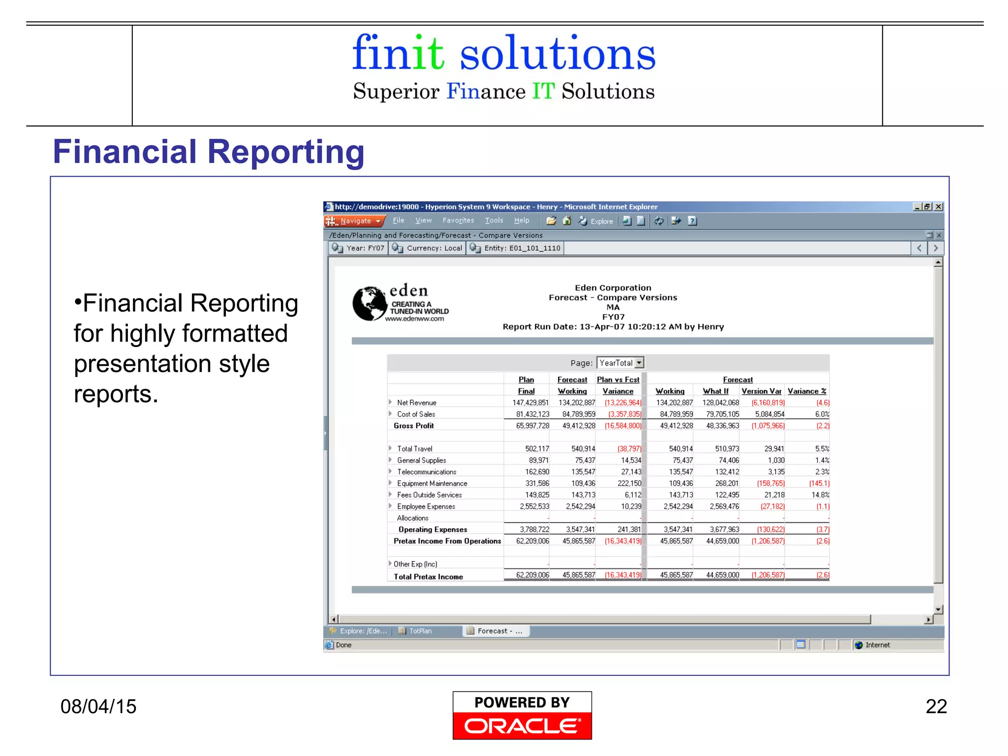 08/04/15 22
Financial Reporting
•Financial Reporting
for highly formatted
presentation style
reports.
 