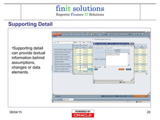 08/04/15 20
Supporting Detail
•Supporting detail
can provide textual
information behind
assumptions,
changes or data
elements.
 