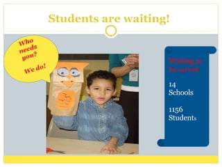 Students are waiting! Who needs you?  We do! Waiting to be served 14  Schools 1156  Student s 