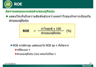 ROE
อัตราผลตอบแทนตอสวนของผูถือหุน
แสดงให เ ห็็ น ถึ ง ความสั ม พั น ธ ร ะหว า งผลกํ า ไรของกิ จ การเที ย บกั บ
สวนของผูถือหุน
ROE

=

กาไรสุทธ
กําไรสทธิ x 100
สวนของผูถอหุน
 ื

(%)

ROE ควรมีีคาสูง แตตองระวััง ROE สูง ๆ ทีี่เกิิดจาก
หนี้สินเยอะ ๆ
สวนของผูถือหุน (ทุน) ลดลงไปเรื่อย ๆ

งบการเงินเบื้องตน

53

likestock

 