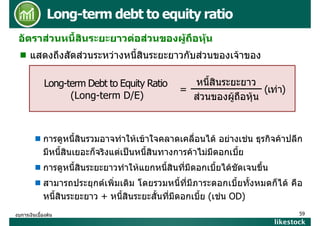 Long-term debt to equity ratio
อัตราสวนหนี้สินระยะยาวตอสวนของผูถือหุน
แสดงถึงสัดสวนระหวางหนี้สินระยะยาวกับสวนของเจาของ
Long-term Debt to Equity Ratio
(
(Long-term D/E)
g
/ )

หนี้สินระยะยาว
=
(เทา)
ู ื
สวนของผูถอหุุน

การดูหนี้สินรวมอาจทําใหเขาใจคลาดเคลื่อนได อยางเชน ธุรกิจคาปลีก
มหนสนเยอะกจรงแตเปนหนสนทางการคาไมมดอกเบย
มีหนี้สินเยอะก็จริงแตเปนหนี้สินทางการคาไมมีดอกเบี้ย
การดูหนี้สินระยะยาวทําใหแยกหนี้สินที่มีดอกเบี้ยไดชัดเจนขึ้น
สามารถประยุกตเพิ่มเติม โดยรวมหนี้ที่มีภาระดอกเบี้ยทั้งหมดก็ได คือ
(
)
หนี้สินระยะยาว + หนี้สินระยะสั้นที่มีดอกเบี้ย (เชน OD)
งบการเงินเบื้องตน

59

likestock

 