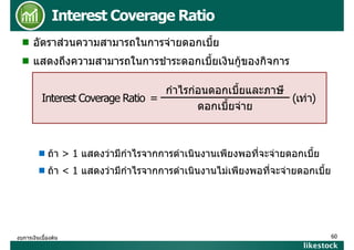 Interest Coverage Ratio
อัตราสวนความสามารถในการจายดอกเบี้ย
แสดงถึงความสามารถในการชําระดอกเบี้ยเงินกูของกิจการ
กําไรกอนดอกเบี้ยและภาษี
Interest Coverage Ratio =
(เทา)
ดอกเบี้ยจาย

ถา > 1 แสดงวามีกําไรจากการดําเนินงานเพียงพอที่จะจายดอกเบี้ย
ถา < 1 แสดงวามีกําไรจากการดําเนินงานไมเพียงพอที่จะจายดอกเบีี้ย
ี ไ
ิ
ไ  ี
ี

งบการเงินเบื้องตน

60

likestock

 