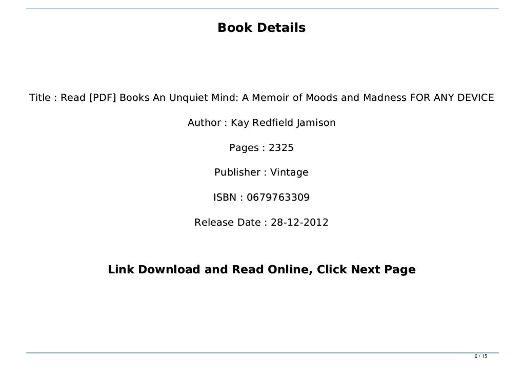 Read [PDF] Books An Unquiet Mind: A Memoir of Moods and ...