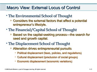 © 2009 South-Western, a part of Cengage Learning. All rights reserved. 1–11
Macro View: External Locus of ControlMacro View: External Locus of Control
• The Environmental School of ThoughtThe Environmental School of Thought
 Considers the external factors that affect a potentialConsiders the external factors that affect a potential
entrepreneur’s lifestyle.entrepreneur’s lifestyle.
• The Financial/Capital School of ThoughtThe Financial/Capital School of Thought
 Based on the capital-seeking processBased on the capital-seeking process—t—the search forhe search for
seed and growth capital.seed and growth capital.
• The Displacement School of ThoughtThe Displacement School of Thought
 Alienation drives entrepreneurial pursuitsAlienation drives entrepreneurial pursuits
• Political displacement (laws, policies, and regulations)Political displacement (laws, policies, and regulations)
• Cultural displacement (preclusion of social groups)Cultural displacement (preclusion of social groups)
• Economic displacement (economic variations)Economic displacement (economic variations)
 
