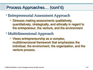 © 2009 South-Western, a part of Cengage Learning. All rights reserved. 1–18
Process Approaches… (cont’d)Process Approaches… (cont’d)
• Entrepreneurial Assessment ApproachEntrepreneurial Assessment Approach
 Stresses making assessments qualitatively,Stresses making assessments qualitatively,
quantitatively, strategically, and ethically in regard toquantitatively, strategically, and ethically in regard to
the entrepreneur, the venture, and the environmentthe entrepreneur, the venture, and the environment
• Multidimensional ApproachMultidimensional Approach
 Views entrepreneurship as a complex,Views entrepreneurship as a complex,
multidimensional framework that emphasizes themultidimensional framework that emphasizes the
individual, the environment, the organization, and theindividual, the environment, the organization, and the
venture process.venture process.
 