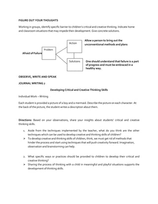 FIGURE OUT YOUR THOUGHTS
Working in groups, identify specific barrier to children’s critical and creative thinking. Indicate home
and classroom situations that may impede their development. Give concrete solutions.

Action

Allow a person to bring out the
unconventional methods and plans

Problem

Afraid of Failure
Solutions

One should understand that failure is a part
of progress and must be embraced in a
healthy way.

OBSERVE, WRITE AND SPEAK
JOURNAL WRITING 7
Developing Critical and Creative Thinking Skills
Individual Work – Writing
Each student is provided a picture of a boy and a mermaid. Describe the picture on each character. At
the back of the picture, the student writes a description about them.

Directions: Based on your observations, share your insights about students’ critical and creative
thinking skills.
1. Aside from the techniques implemented by the teacher, what do you think are the other
techniques which can be used to develop creative and thinking skills of children?
 To develop creative and thinking skills of children, think, we must get rid of methods that
hinder the process and start using techniques that will push creativity forward. Imagination,
observation and brainstorming can help.

2. What specific ways or practices should be provided to children to develop their critical and
creative thinking?
 Sharing the process of thinking with a child in meaningful and playful situations supports the
development of thinking skills.

 