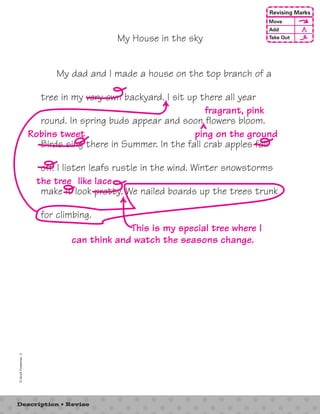 My House in the sky 
My dad and I made a house on the top branch of a 
tree in my very own backyard. I sit up there all year 
round. In spring buds appear and soon flowers bloom. 
Birds sing there in Summer. In the fall crab apples fall 
off. I listen leafs rustle in the wind. Winter snowstorms 
make it look pretty. We nailed boards up the trees trunk 
for climbing. 
© Scott Foresman 3 
Description • Revise 
Revising Marks 
Move 
Add 
Take Out 
fragrant, pink 
Robins tweet ping on the ground 
the tree like lace 
This is my special tree where I 
can think and watch the seasons change. 
 