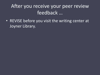 After you receive your peer review feedback …REVISE before you visit the writing center at Joyner Library.