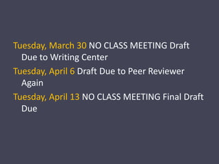 Tuesday, March 30 NO CLASS MEETING Draft Due to Writing CenterTuesday, April 6 Draft Due to Peer Reviewer AgainTuesday, April 13 NO CLASS MEETING Final Draft Due