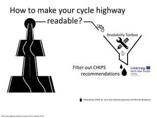 How to make your cycle highway
readable?
Filtered by CHIPS & Joris Van Damme (province of Flemish-Brabant)
Fifth Cycle Highway Academy Leuven 10 & 11 oktober 2018
Filter out CHIPS
recommendations
Readability Toolbox
 