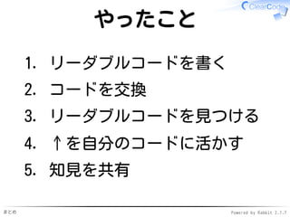 まとめ Powered by Rabbit 2.1.7
やったこと
リーダブルコードを書く1.
コードを交換2.
リーダブルコードを見つける3.
↑を自分のコードに活かす4.
知見を共有5.
 