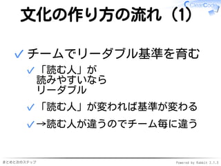 まとめと次のステップ Powered by Rabbit 2.1.3
文化の作り方の流れ（1）
チームでリーダブル基準を育む
「読む人」が
読みやすいなら
リーダブル
✓
「読む人」が変われば基準が変わる✓
→読む人が違うのでチーム毎に違う✓
✓
 