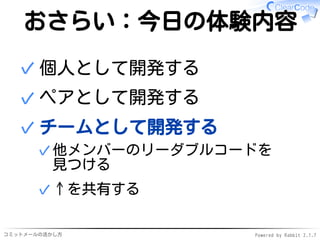 コミットメールの活かし方 Powered by Rabbit 2.1.9
おさらい：今日の体験内容
個人として開発する✓
ペアとして開発する✓
チームとして開発する
他メンバーのリーダブルコードを
見つける
✓
↑を共有する✓
✓
 