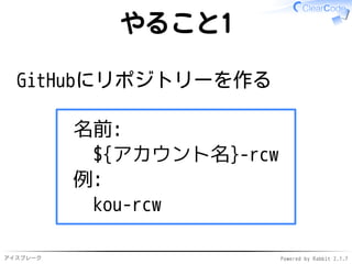 アイスブレーク Powered by Rabbit 2.1.9
やること1
GitHubにリポジトリーを作る
名前:
${アカウント名}-rcw
例:
kou-rcw
 