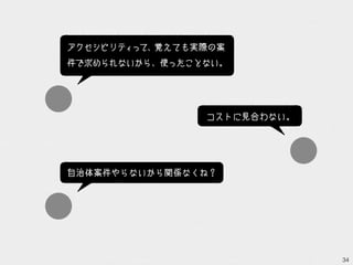 34
コストに見合わない。
アクセシビリティって、覚えても実際の案
件で求められないから、使ったことない。
自治体案件やらないから関係なくね？
 