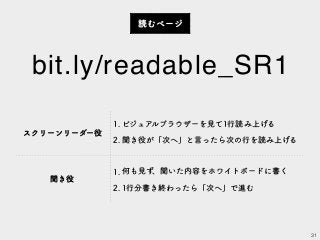 31
bit.ly/readable_SR1
読むページ
スクリーンリーダー役
1. ビジュアルブラウザーを見て1行読み上げる
2. 聞き役が「次へ」と言ったら次の行を読み上げる
聞き役
1. 何も見ず、聞いた内容をホワイトボードに書く
2. 1行分書き終わったら「次へ」で進む
 