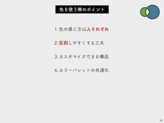 1.色の感じ方は人それぞれ
2.区別しやすくする工夫
3.カスタマイズできる構造
4.カラーパレットの共通化
18
色を使う際のポイント
 