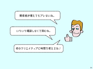 64
関係者が増えてもブレないね。
他のクリエイティブに時間を使えるね！
いちいち確認しなくて済むね。
 