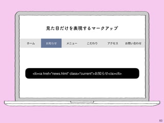 83
ホーム お知らせ メニュー こだわり アクセス お問い合わせ
見た目だけを表現するマークアップ
<li><a href="news.html" class="current">お知らせ</a></li>
 