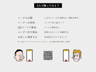 トークの公開 いますぐトークを公開する > 発言を許可
トークへの招待 ユーザーID／QRコード
QRコードで参加 トークに参加する
ユーザーIDで参加 招待されたトークを確認する
お互いに発言する 各会話のテキストをタップ
※ 「UDトーク - オンラインマニュアル／トークの公開と参加: 招待」を参照
2人で触ってみよう
 