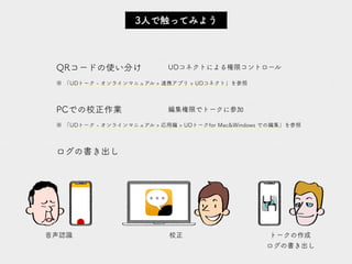 QRコードの使い分け UDコネクトによる権限コントロール
PCでの校正作業 編集権限でトークに参加
ログの書き出し
※ 「UDトーク - オンラインマニュアル > 連携アプリ > UDコネクト」を参照
※ 「UDトーク - オンラインマニュアル > 応用編 > UDトークfor Mac&Windows での編集」を参照
校正 トークの作成
ログの書き出し
音声認識
3人で触ってみよう
 