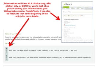 Some articles will have MLA citation only, APA
citation only, or BOTH for you to look at as
you are adding your information to your
bibliography chart or NoodleTools. It can also
be helpful to look at the beginning of the
article for more details.
 