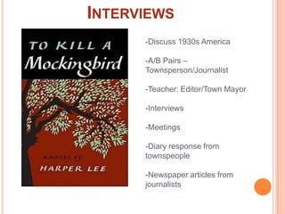 Interviews-Discuss 1930s America-A/B Pairs – Townsperson/Journalist-Teacher: Editor/Town Mayor-Interviews-Meetings-Diary response from townspeople-Newspaper articles from journalists