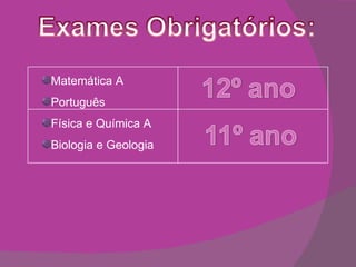 Matemática A Português Física e Química A Biologia e Geologia 