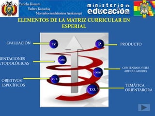 ELEMENTOS DE LA MATRIZ CURRICULAR EN
                      ESPERIAL


   EVALUACIÓN     EV.                    P.   PRODUCTO


RENTACIONES                O.M.
ETODOLÓGICAS
                                              CONTENIDOS Y EJES
                                     CONT
                                               ARTICULADORES

                   O. E.
 OBJETIVOS
 ESPECÍFICOS                                   TEMÁTICA
                                  T.O.         ORIENTARORA
 