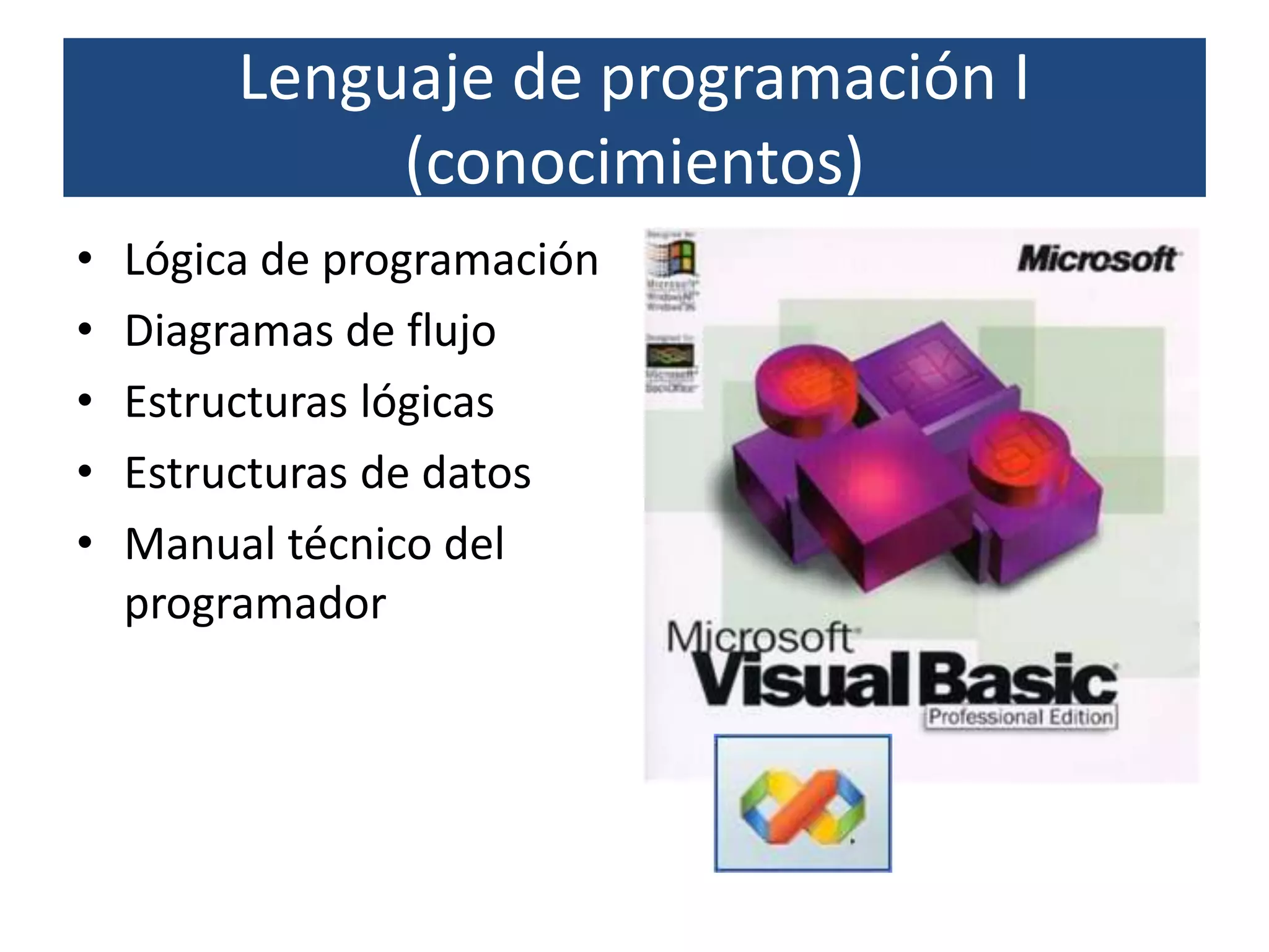 Lenguaje de programación I
              (conocimientos)
•   Lógica de programación
•   Diagramas de flujo
•   Estructuras lógicas
•   Estructuras de datos
•   Manual técnico del
    programador
 