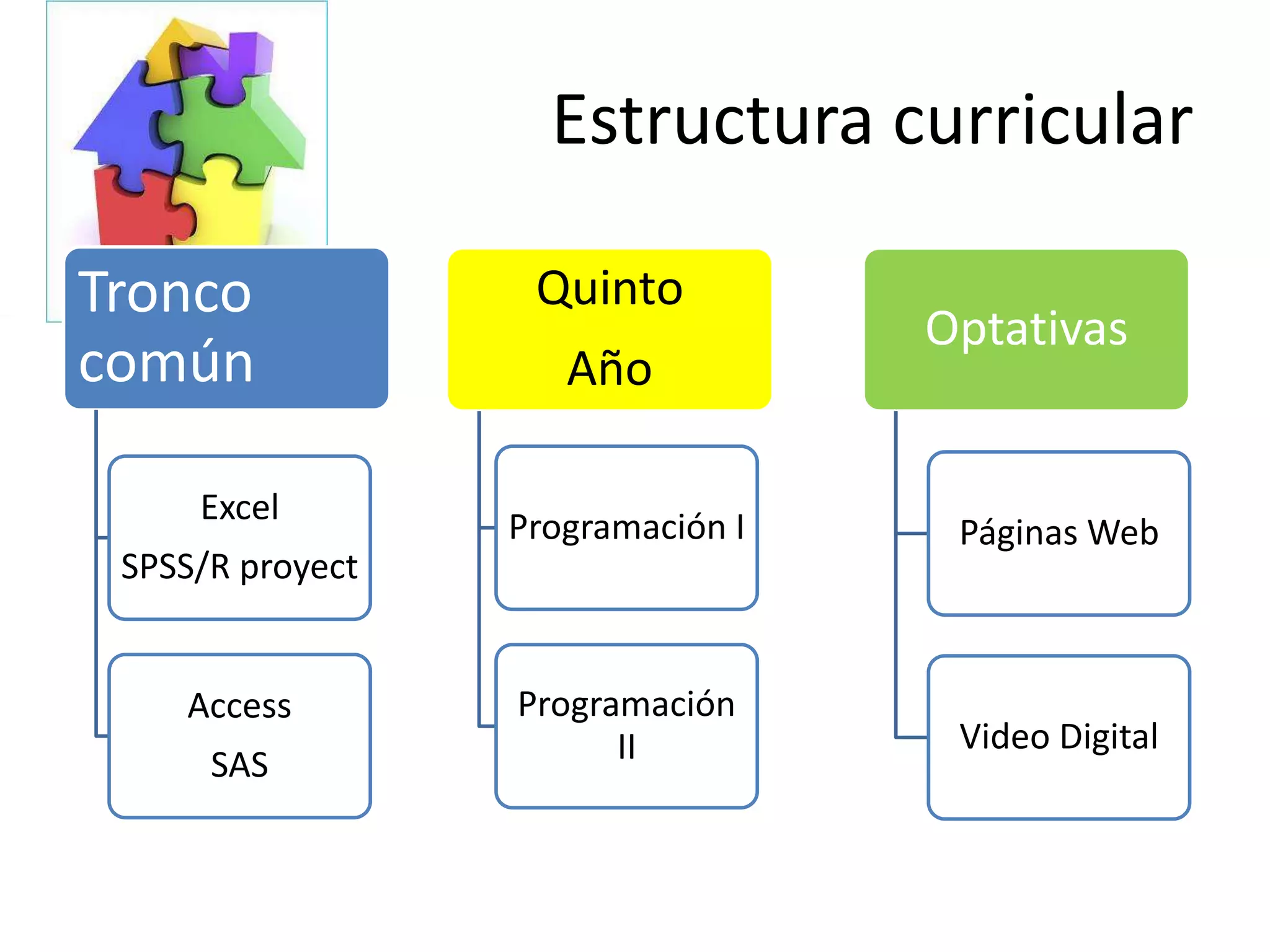 Estructura curricular

Tronco             Quinto
                                   Optativas
común                Año

     Excel
                  Programación I    Páginas Web
 SPSS/R proyect


    Access        Programación
                        II          Video Digital
      SAS
 