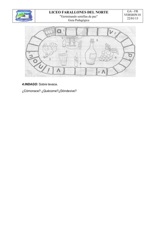 LICEO FARALLONES DEL NORTE
“Germinando semillas de paz”
Guia Pedagógica
GA - FR
VERSION 01
22/01/13
4.INDAGO: Sobre lavaca.
¿Cómonace? ¿Quécome?¿Dóndevive?
 