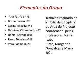 Elementos do Grupo Ana Patrícia nº1Bruno Barros nº3Carina Teixeira nº4Damiana Chumbinho nº7Daniel Feiteira nº8Paulo Teixeira nº18Vera Coelho nº20Trabalho realizado no âmbito da disciplina de Área de Projecto coordenado  pelas professoras Maria Isabel Pinto, Margarida Gonçalves e Maria João.